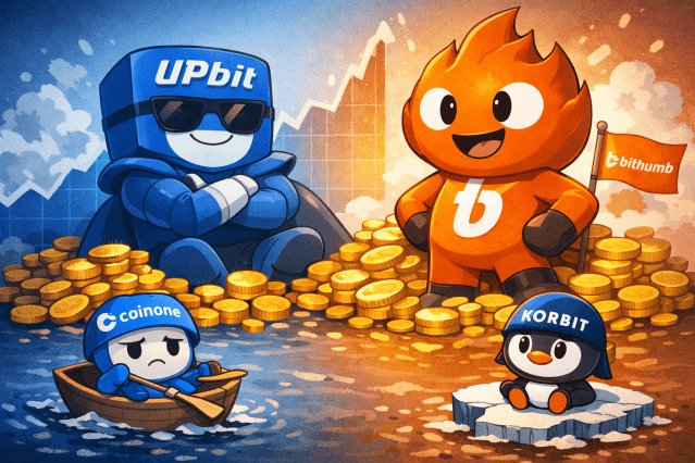 코인원과 코빗의 시장 점유율이 하락하면서 국내 가상자산 거래소 시장이 다시 업비트(두나무)와 빗썸 중심의 양강 체제로 재편됐다. (이미지=챗GPT)