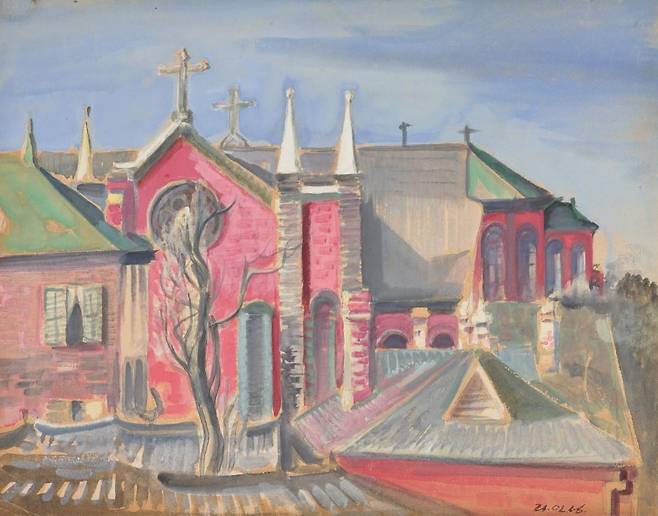 이인성, 〈계산동 성당〉, 1930년대, 종이에 수채 물감, 34.5×44cm.