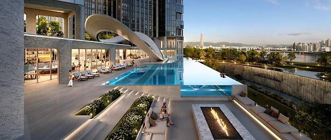 단지 1층 워터프론트에 들어설 100m 길이의 인피니티풀 조감도. GS건설 제공.