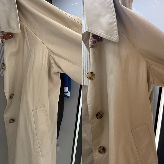 삼성전자 2026년형 비스포크 AI 에어드레서에 탑재된 주름집중케어 기능을 활용하자 두께감 있는 자켓 주름 대다수가 사라졌다. 사진=임수빈 기자