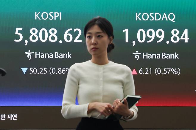 13일 서울 중구 하나은행 본점 딜링룸 현황판에 코스피, 코스닥 지수가 표시돼 있다. 연합뉴스