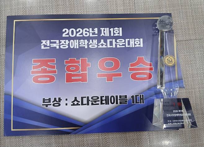 '제1회 전국장애학생 쇼다운대회' 종합우승 상장과 트로피. 사진 전북맹아학교