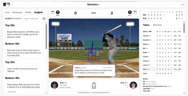 KT스카이라이프의 인공지능(AI) 스포츠 분석 솔루션 ‘포착’으로 촬영·중계된 생활체육 축구 경기를 관람객이 앱을 통해 시청하고 있다. 아래 사진은 선수 간 관계 등 이색 정보까지 제공하는 구글 클라우드의 AI 기반 실시간 야구 전문 해설 서비스 ‘MLB 스카우트 인사이트’.  각 사 제공