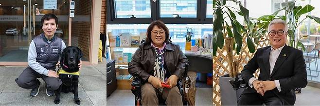 [세종=뉴시스]2026년 올해의 장애인상에 선정된 (왼쪽부터) 유석종(시각장애) 삼성화재안내견학교 프로, 이경희(지체·청각장애) 화성시장애인누릴인권센터 센터장, 정원석(지체장애) 한국장애인녹색재단 회장. (사진=한국장애인개발원 제공) 2026.04.20. photo@newsis.com *재판매 및 DB 금지