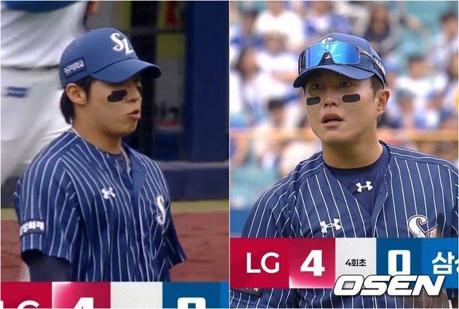 19일 대구 삼성라이온즈파크에서  LG 트윈스와 삼성 라이온즈 경기가 열렸다. 삼성 투수 원태인이 4회초 실점 과정에서 류지혁을 향해 이야기하고 있다. / 티빙 제공