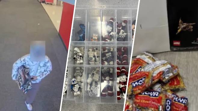 레고 절도범(왼쪽)이 박스에 넣어 반품한 파스타(오른쪽). NBC 캡처