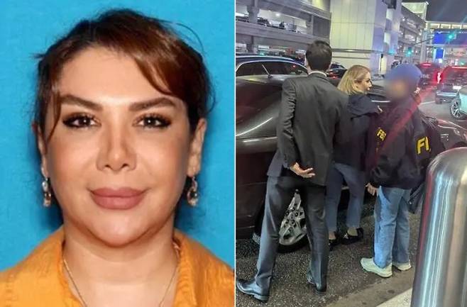 이란계 미국 영주권자 샤밈 마피(왼쪽)와 LA 국제공항에서 체포되는 모습. 미 당국은 마피가 이란산 드론과 폭탄, 탄약의 수단행 거래를 중개한 혐의로 붙잡혔다고 밝혔다. SNS 캡처