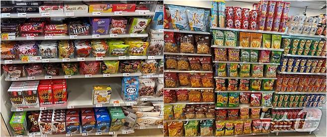 일본 도쿄 미나토구에 있는 편의점 패밀리마트의 과자 매대 모습. 킷캣(왼쪽사진 상단)과 프링글스(오른쪽사진 하단)가 있다. 2026.4.15 ⓒ 뉴스1 황두현 기자