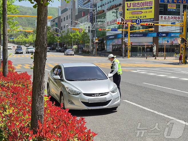 21일 오후 울산북부경찰서 교통경찰이 북구 화봉휴먼시아 앞 사거리에서 빨간불 우회전 시 일시 정지하지 않은 승용차를 잡아 세웠다. 2026.4.21 ⓒ 뉴스1 박정현 기자
