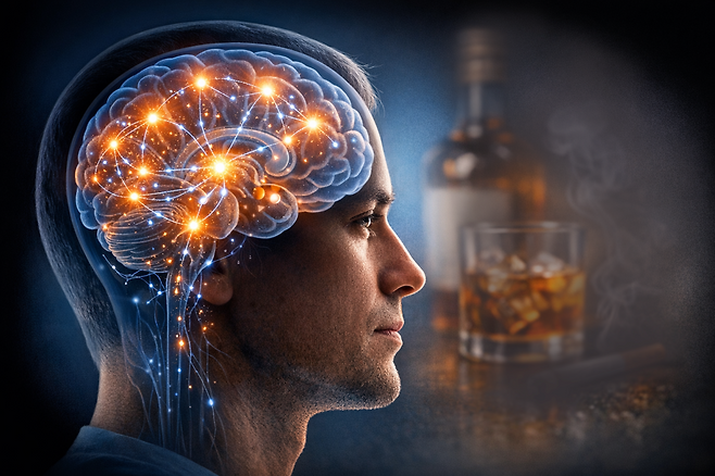 GLP-1 계열 약물이 뇌의 보상 회로에 작용해 음주와 흡연 욕구를 낮추는 기전을 시각화한 이미지. 생성형 AI를 활용해 제작.