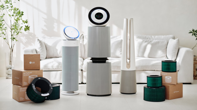 LG 퓨리케어 공기청정기(가운데 3종)와 2025년 노벨화학상을 수상한 금속유기골격체(MOF) 기술이 적용된 360도 퓨리탈취청정 M 필터(오른쪽 초록색 제품). LG전자 제공