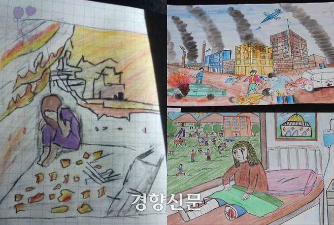 가자 지구 전쟁 피해 아동 단체 ‘생존자들의 메아리’ 소속 아이들이 전쟁과 학살 피해 경험에 대해 그린 그림. 생존자들의 메아리 제공