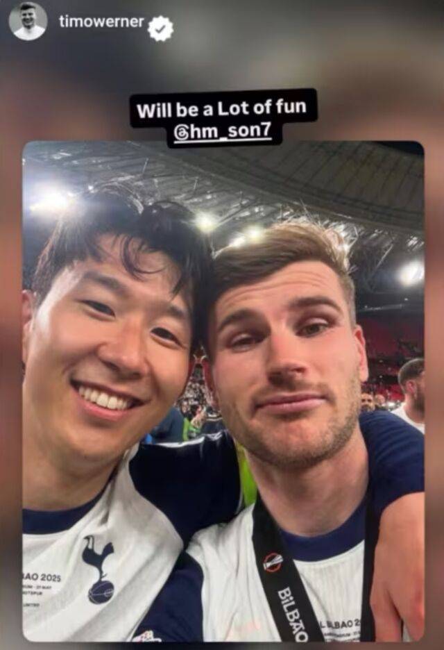 2024-25시즌 유럽축구연맹(UEFA) 유로파리그(UEL) 우승을 차지한 손흥민(왼쪽)과 티모 베르너(오른쪽)./티모 베르너 SNS