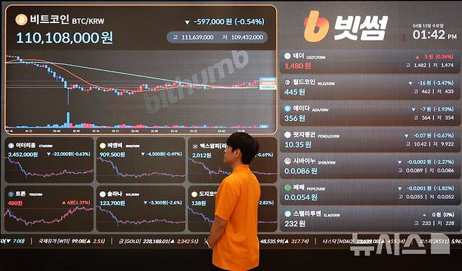 [서울=뉴시스] 이영환 기자 = 서울 서초구 빗썸라운지 강남점에 비트코인 시세가 표시되고 있다. 2026.04.15. 20hwan@newsis.com