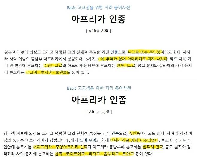 네이버 지식백과 '아프리카 인종' 편향 서술 수정 전(위쪽)과 수정 후(아래쪽) [반크 제공. 재판매 및 DB 금지]
