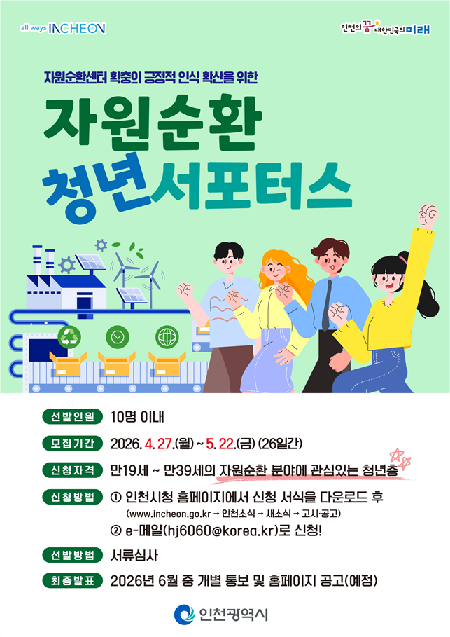 인천시 자원순환 청년 서포터스 모집 공고.