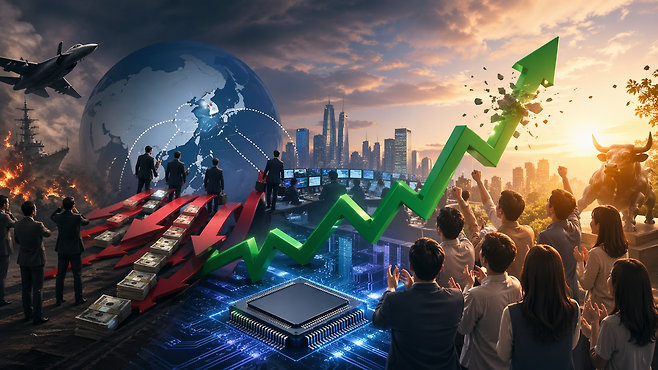 전쟁과 지정학 리스크 속에서도 외국인 매도와 개인 매수세가 엇갈리며 코스피가 빠르게 반등하는 시장 구조 변화를 상징적으로 표현한 이미지. 출처=챗GPT 생성