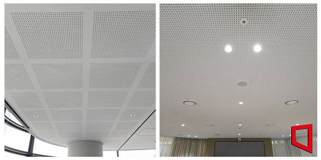 KCC 유공 흡음 석고보드 이미지(좌 사운드윈, 우 사운드윈 제로). KCC