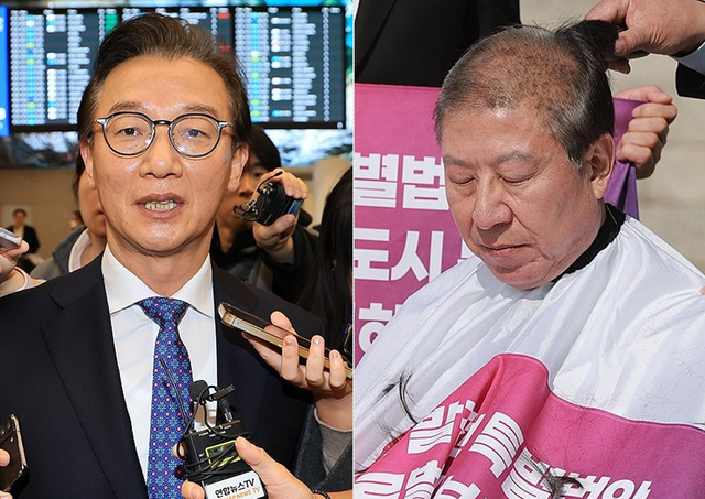 왼쪽부터 해양수산부 장관 재임 당시의 전재수 더불어민주당 의원(민주당 부산시장 후보), 부산특별법 국회 처리를 촉구하며 삭발하는 박형준 현 부산시장(국민의힘 부산시장 후보).[연합뉴스 사진]