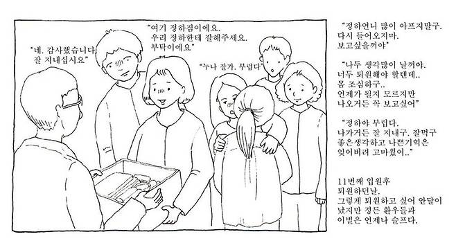 화가인 이정하 정신장애와인권 파도손 대표가 병동 환경이 정신질환 회복에 미치는 영향에 대해 설명하기 위해 보여준 자신의 그림이다. 지난 2014년 11번째 입원한 정신병원의 폐쇄병동에서 퇴소하면서 그렸다고 한다. 이정하 제공