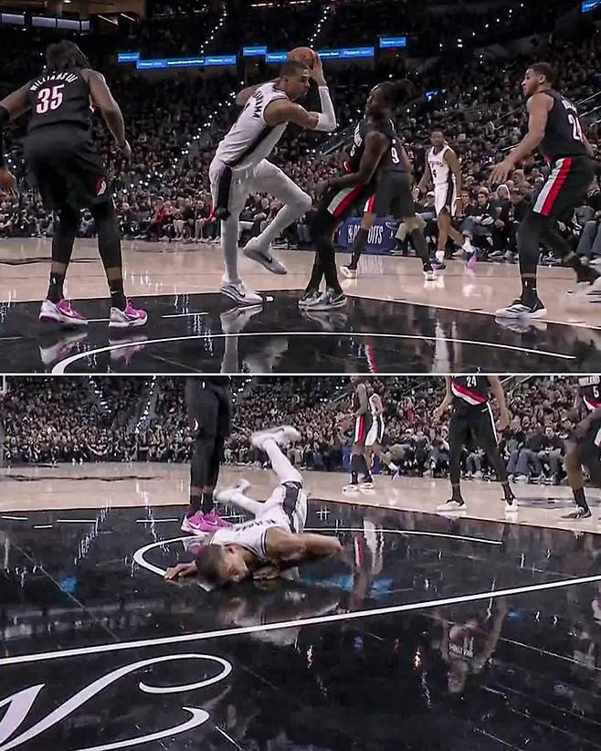 22일 프로스트 뱅크 센터에서 열린 포틀랜드와의 2025~26 NBA 서부콘퍼런스 PO 1라운드 2차전 중 균형을 잃고 쓰러지는 샌안토니오 웸반야마. 앞으로 고꾸라진 그는 머리를 다쳐 코트로 복귀하지 못했다. 사진=ESPN SNS