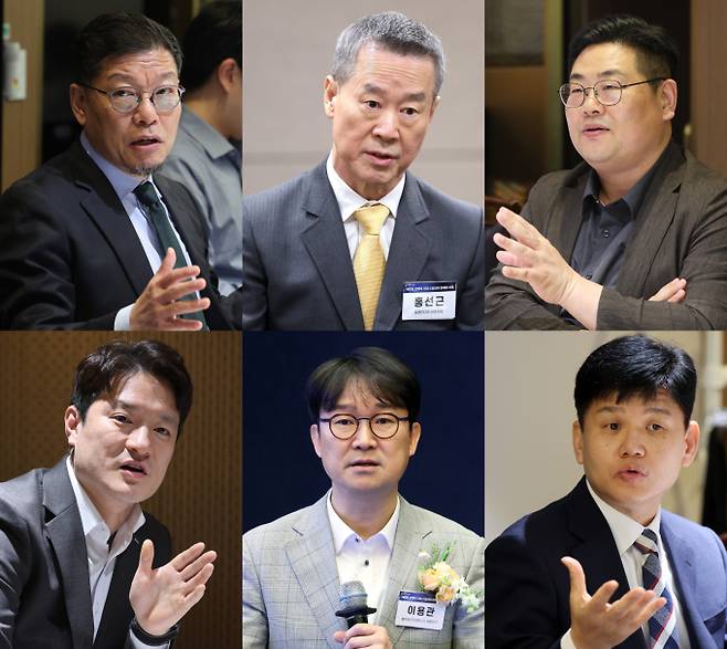 동행미디어 시대가 지난 16일 서울 중구 대한상공회의소에서 주최한 [시대포럼: 새로운 전쟁의 시대, K방산의 현재와 미래] 이후 포럼 기조연설자와 주제발표자, 주요 참석자들이 숙의토론에 나선 모습. 사진은 왼쪽 상단부터 시계방향으로 이정동 서울대 공학전문대학원 교수, 홍선근 시대 회장, 조상근 KAIST(한국과학기술원) 연구교수, 장현호 방위사업청 첨단기술총괄계약팀장, 이용관 블루포인트파트너스 대표, 조규태 LIG 디앤에이 AI 연구소장. / 사진=뉴스1