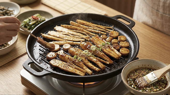 손질한 도라지에 꿀과 간장을 섞은 양념장을 골고루 발라 약한 불에서 천천히 구워내면 부드러운 식감의 도라지꿀구이가 완성된다. 구글 제미나이 생성 이미지