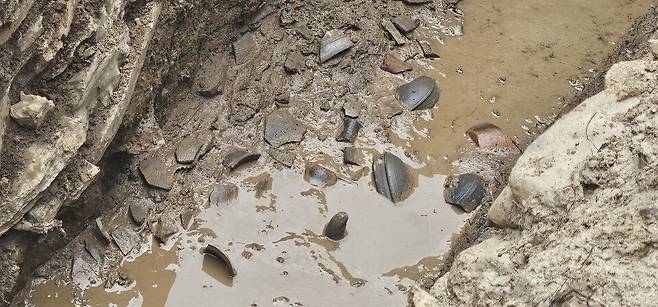 성벽 기저부에서 발견된 토기 조각들. 이 토기 조각 등을 통해 달성의 축성 시기를 추정하고 있다. ⓒ시사저널 김성영