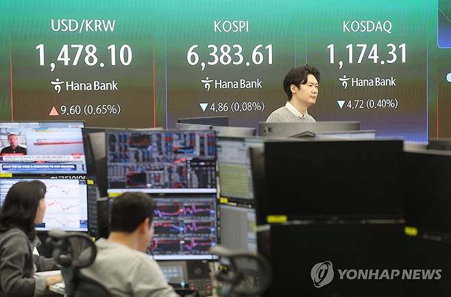 코스피, 또 사상 최고치 기록한 뒤 등락 거듭 혼조 (서울=연합뉴스) 박동주 기자 = 코스피가 상승 출발해 사상 최고치를 재차 경신한 22일 서울 중구 하나은행 딜링룸에서 직원들이 업무를 보고 있다. 2026.4.22 pdj6635@yna.co.kr