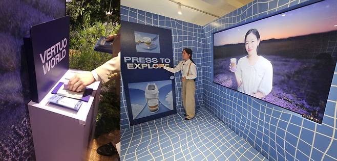 버츄오 월드 캠페인의 일환으로 성수동에서 열리는 ‘버츄오 월드 팝업’ 스탬프(왼)와 팝업 체험 공간 입구.(사진=정영인 기자 oin@)