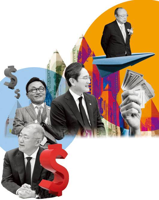 한화 김승연 회장, 이재용 삼성전자 회장, 박현주 미래에셋 회장,&nbsp;정의선 현대차 회장(오른쪽 위부터 시계방향).