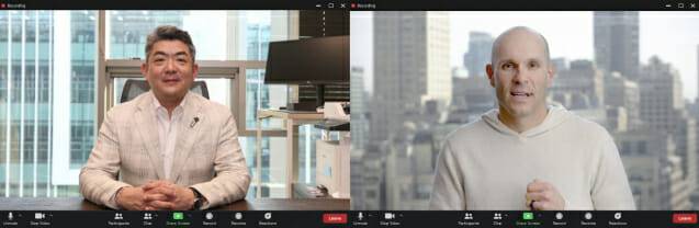 황인철 메가존클라우드 CRO(왼쪽)와 제러드 버클리 데이터독 채널 및 얼라이언스 부문 부사장이 온라인 미팅으로 SCA를 체결하고 있다. (사진=메가존클라우드)