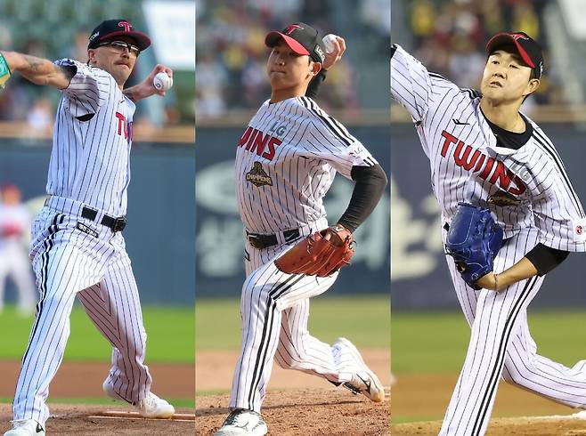 왼쪽부터 LG 트윈스 라클란 웰스, 우강훈, 유영찬. LG 제공