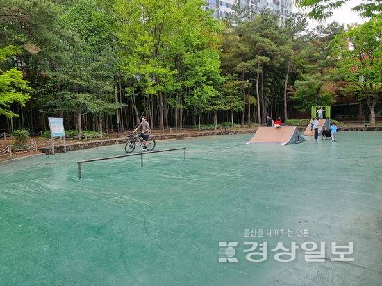 ▲ 울주군 구영공원 내에 설치된 엑스게임(X-GAME)장과 놀이터가 뚜렷한 경계가 없어, 엑스게임장 이용자들과 이곳을 뛰어다니는 영유아들이 수시로 위험한 광경을 만들고 있다. 독자제공