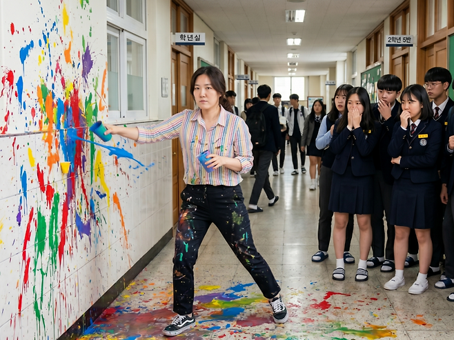 중학교 현직 교사가 학생들이 보는 앞에서 교내 복도 곳곳에 물감을 뿌리며 난동을 부리다 경찰에 현행범으로 붙잡혔다. 기사 내용을 바탕으로 생성형 AI를 활용해 제작한 이미지.사진=Gemini