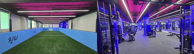 세화고 실내체육관에 설치된 실내 풋살장과 헬스장 모습 /사진=이정우 기자