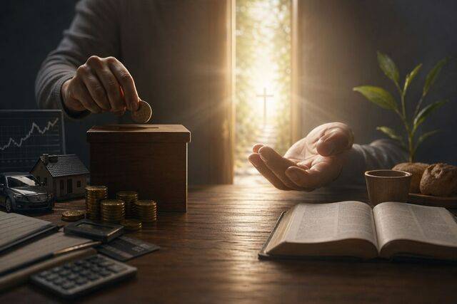 열린 문 사이로 쏟아지는 빛과 성경책 위에 놓인 손은 재정적 압박 속에서도 하나님을 향한 마음의 방향을 잃지 않으려는 그리스도인의 내면 풍경을 그려낸다. 제미나이