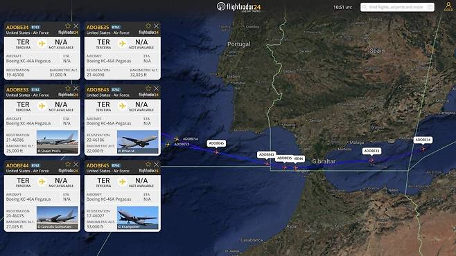 중동 지역에서의 작전 지원 목적으로 투입된 미군 KC-46A 공중급유기들의 항공기 위치시스템(ADS-B) 신호. Flightradar24 홈페이지 캡처