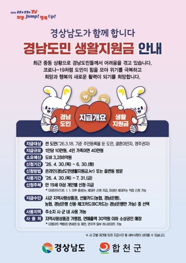 합천군이 정부의 고유가 피해지원금과는 별개로 추진되는 경남만의 민생안정 대책인 ‘경남도민 생활지원금’ 지급을 위한 준비를 완료하고 오는 30일부터 각 읍·면사무소 및 온라인을 통해 신청을 받는다. 합천군 제공.