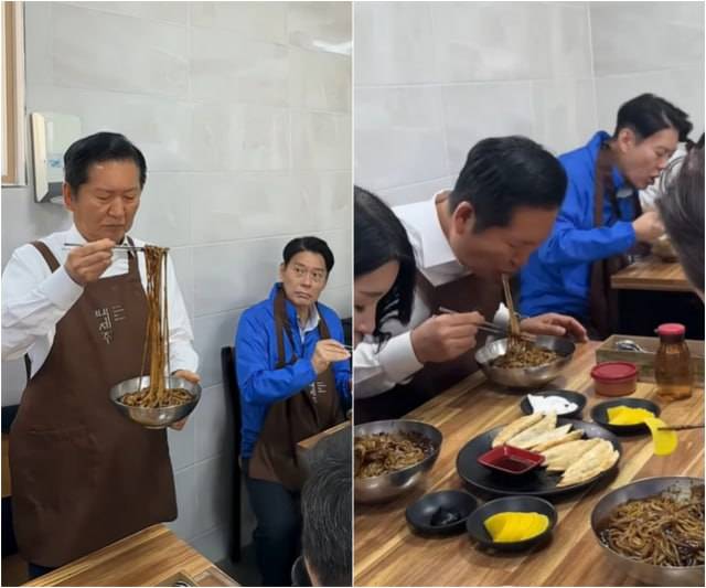 정청래 더불어민주당 대표가 지난 23일 경상남도 통영시 욕지면에 있는 식당에서 짜장면을 먹고 있다. /정청래 민주당 대표 유튜브 갈무리