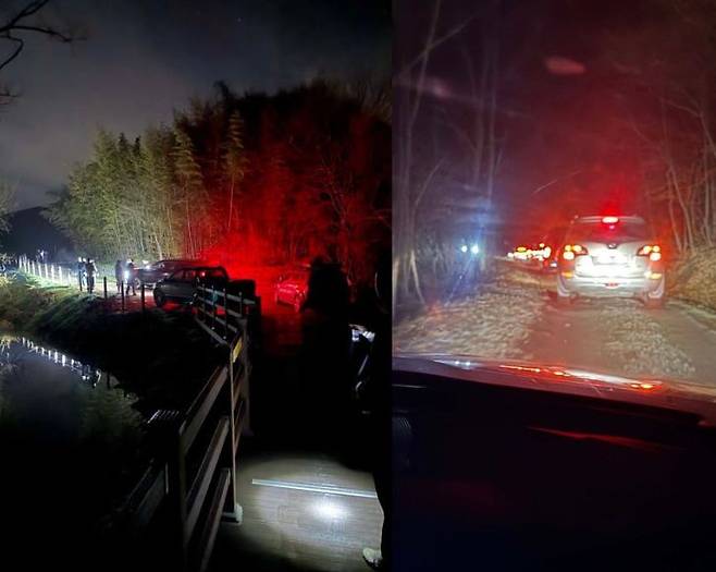 예산군 살목지 인근에 몰려온 차량. 예산군은 야간에도 몰리자 출입을 통제하고 있다. SNS캡쳐