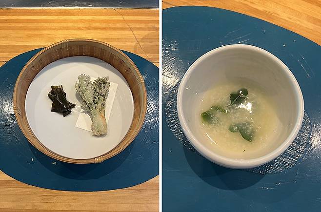 봄의 싱그러움을 입안 가득 느낄 수 있는 나물 메뉴들. 두릅튀김(왼쪽), 방풍죽.