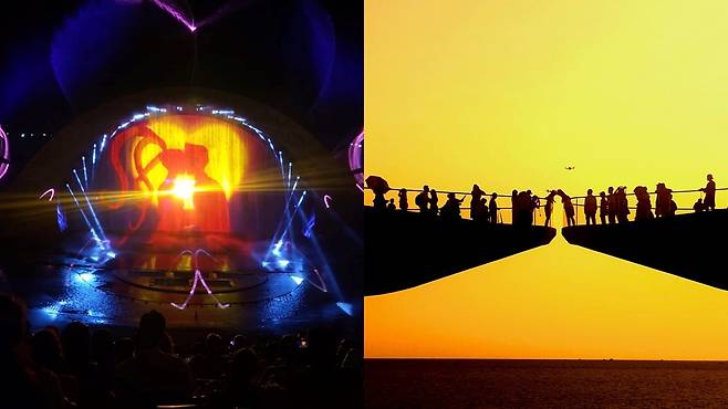 The finale of the “Kiss of the Sea” show, where two protagonists kiss (left), and the Kiss Bridge on Phu Quoc Island, where couples meet in the middle to kiss for photos (Song Seung-hyun/The Korea Herald)