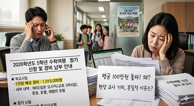 100만원을 넘어선 서울 초등학교의 1인당 수학여행 평균 비용. 이에 고민하는 교사들 연출 이미지. [제미나이로 제작]