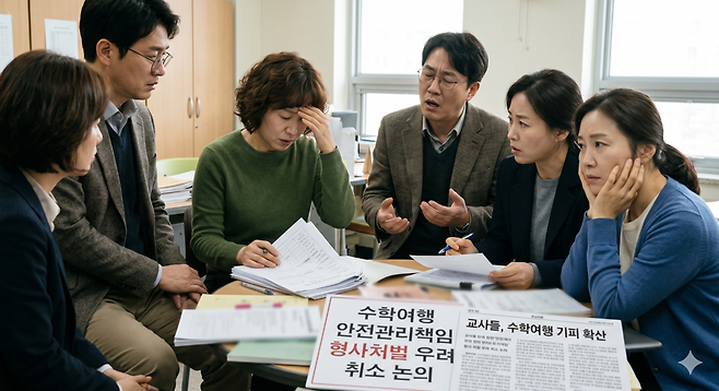 수학여행 안전 관리 불안을 겪는 교사들 연출 이미지. [제미나이로 제작]