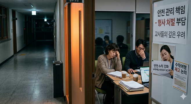 수학여행 안전 관리 불안을 겪는 교사들 연출 이미지. [제미나이로 제작]