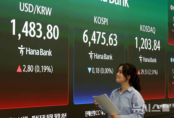 [서울=뉴시스] 이영환 기자 = 코스피가 전 거래일(6475.81)보다 0.18포인트(0.00%) 내린 6475.63에 마감한 24일 오후 서울 중구 하나은행 딜링룸 전광판에 종가가 표시되어 있다.코스닥 지수는 전 거래일(1174.31)보다 29.53포인트(2.51%) 상승한 1203.84, 서울 외환시장에서 원·달러 환율은 전 거래일(1481.0원)보다 3.5원 오른 1484.5원에 주간 거래를 마감했다. 2026.04.24. 20hwan@newsis.com