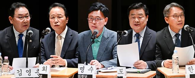(왼쪽부터) 김영춘·명노희·이명수·이병도·한상경 예비후보. 사진=김주형 기자.