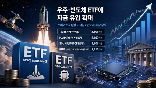 ChatGPT로 생성한 '미국 우주항공과 반도체 테마 상장지수펀드(ETF)로 몰리는 자금' 관련 이미지.