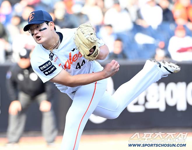 20일 대전한화생명볼파크에서 열린 KIA와 한화의 시범경기, 9회초 한화 김서현이 역투하고 있다. 대전=허상욱 기자wook@sportschosun.com/2026.03.20/
